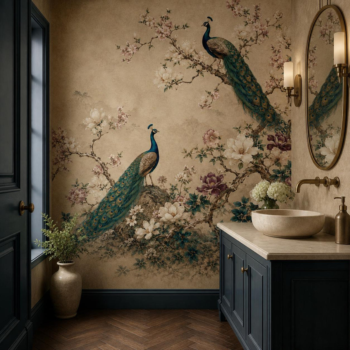Maximalist living room with teal peacock wallpaper and chinoiserie magnolia mural as a dramatic statement wall