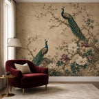 Dining room featuring floor-to-ceiling chinoiserie peacock wall mural with teal floral wallpaper and warm ambient lighting