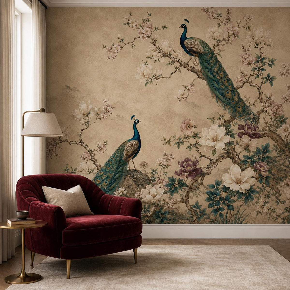 Dining room featuring floor-to-ceiling chinoiserie peacock wall mural with teal floral wallpaper and warm ambient lighting