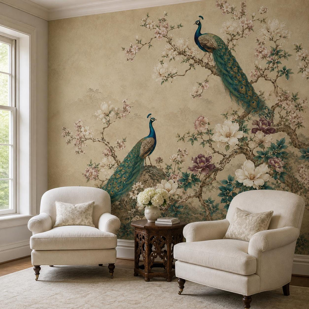 Texture close-up of luxury floral wall mural surface highlighting print quality of vintage chinoiserie peacock design