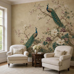Texture close-up of luxury floral wall mural surface highlighting print quality of vintage chinoiserie peacock design