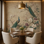 Step-by-step peel and stick wallpaper installation graphic for teal peacock mural with alignment and smoothing tips
