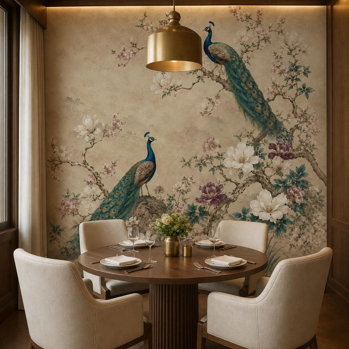 Step-by-step peel and stick wallpaper installation graphic for teal peacock mural with alignment and smoothing tips