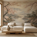Japanese wallpaper featuring cherry blossom trees and Mount Fuji reflected in a serene lake, japandi wall mural