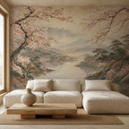 Japanese wallpaper featuring cherry blossom trees and Mount Fuji reflected in a serene lake, japandi wall mural