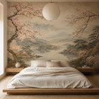 Sakura peel and stick wallpaper with soft pink blossoms and misty Mount Fuji, neutral zen wall mural