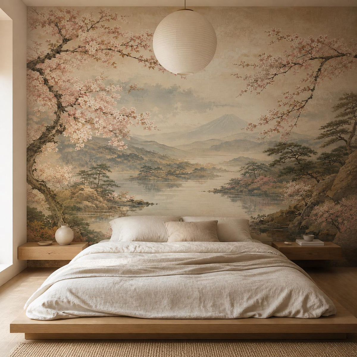 Sakura peel and stick wallpaper with soft pink blossoms and misty Mount Fuji, neutral zen wall mural