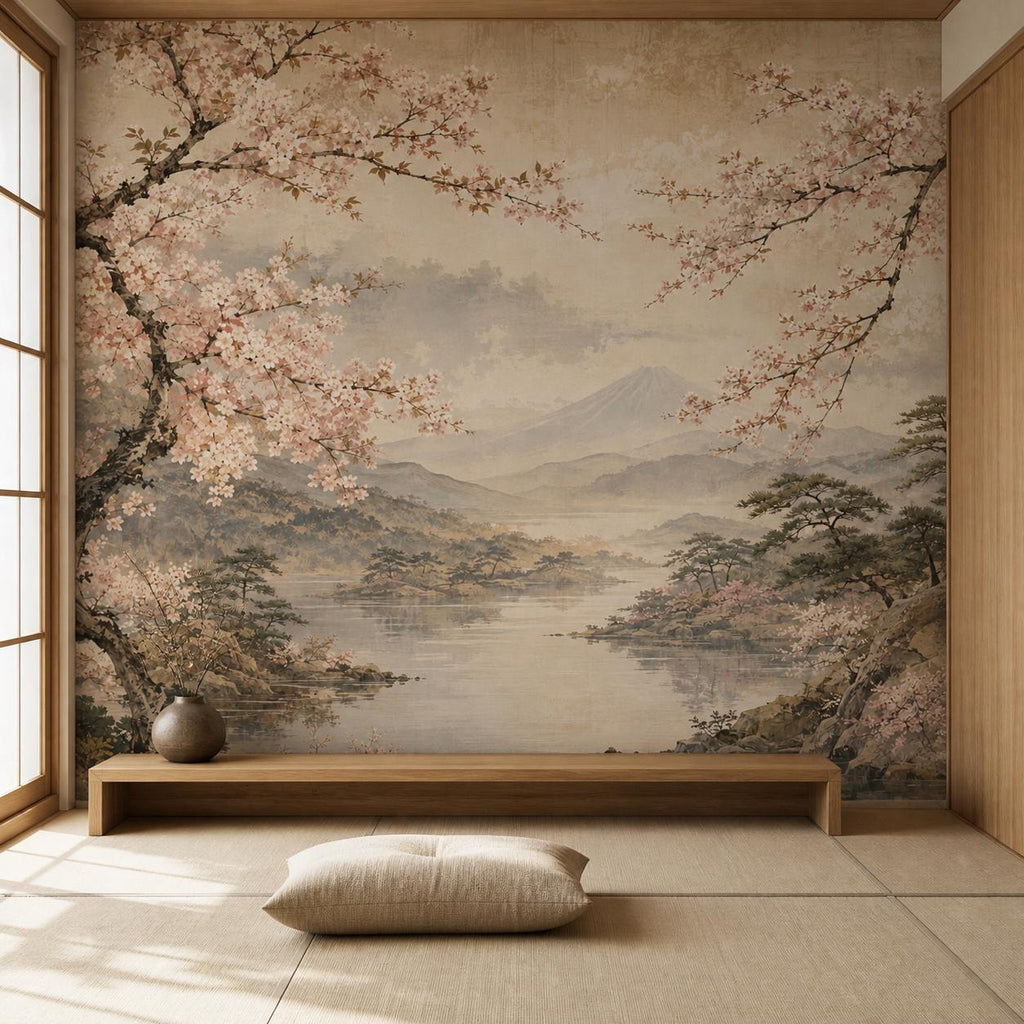 Close-up of cherry blossom wall mural texture showing delicate sakura petals and watercolor brushstroke detail