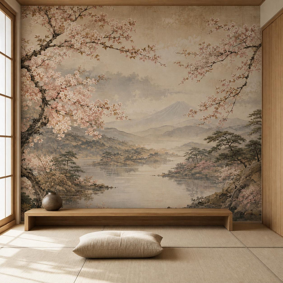 Close-up of cherry blossom wall mural texture showing delicate sakura petals and watercolor brushstroke detail