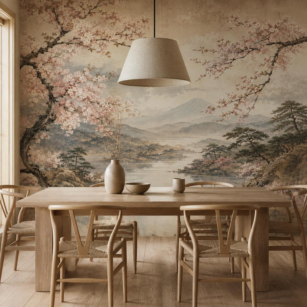 Living room with japanese wallpaper accent wall, Mount Fuji mural behind a minimalist sofa and low wooden table