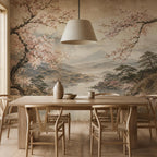 Living room with japanese wallpaper accent wall, Mount Fuji mural behind a minimalist sofa and low wooden table