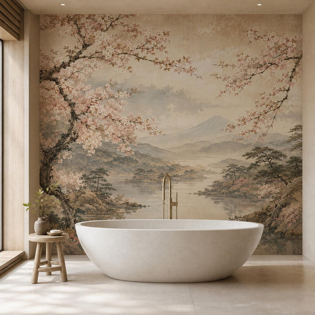 Bedroom feature wall displaying sakura wallpaper with soft pink tones, japandi style neutral wall mural