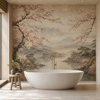 Bedroom feature wall displaying sakura wallpaper with soft pink tones, japandi style neutral wall mural