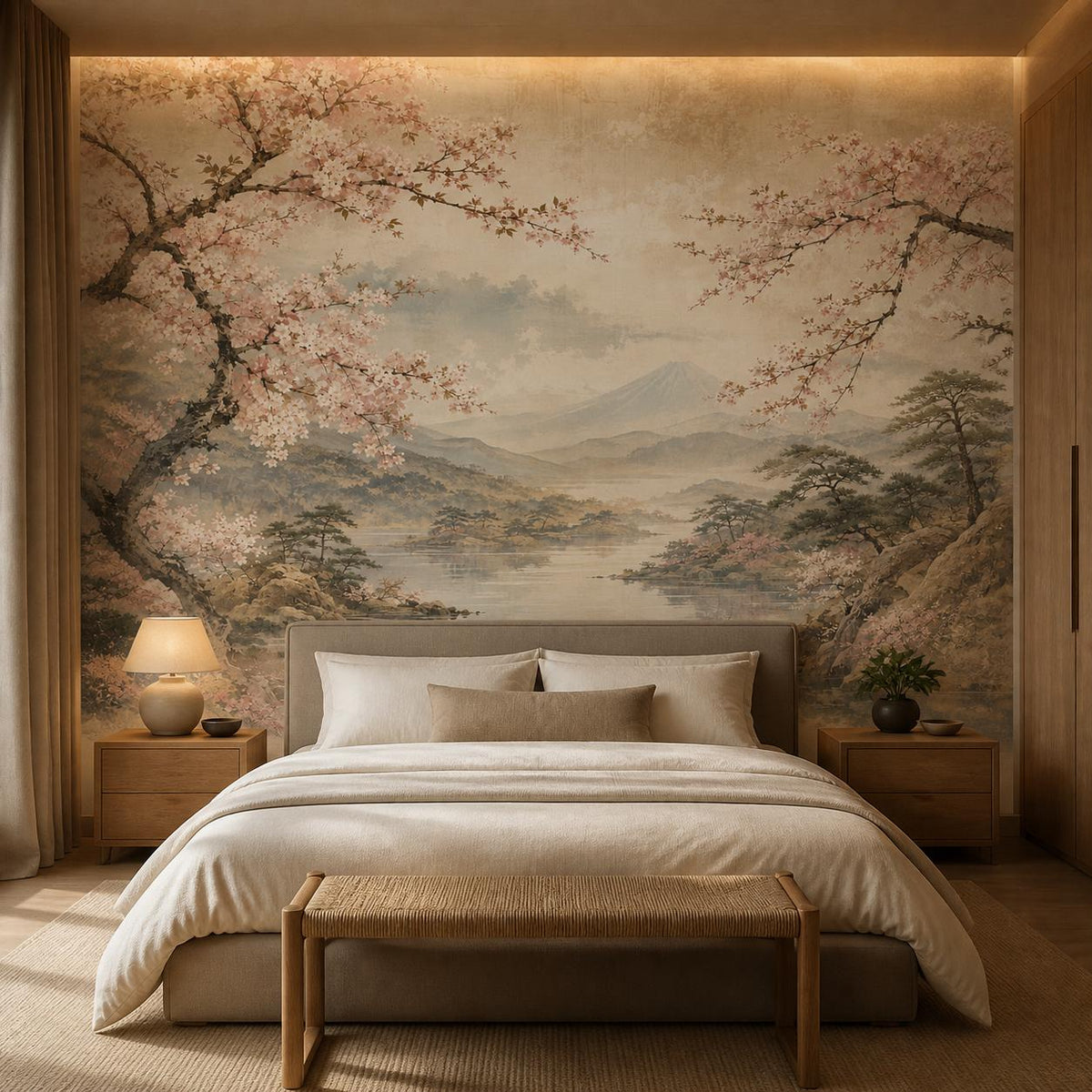 Peel and stick wallpaper panel being applied to wall showing easy installation process, no tools required