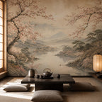 Close-up texture of blossom wallpaper surface showing matte finish and print quality of sakura wall mural