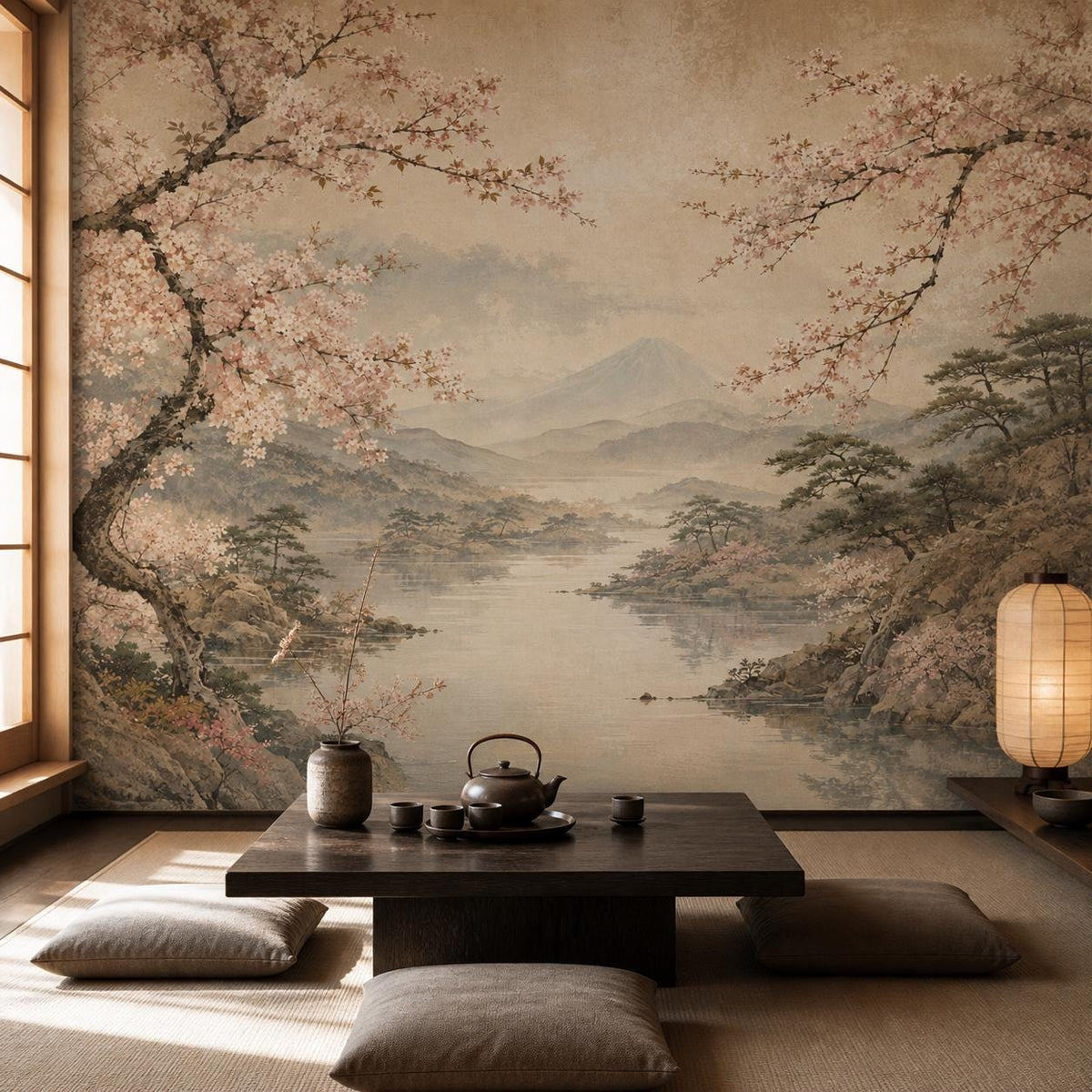 Close-up texture of blossom wallpaper surface showing matte finish and print quality of sakura wall mural