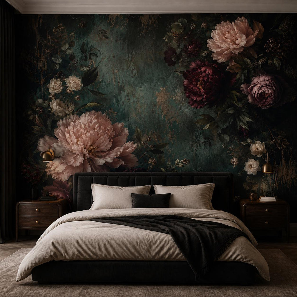 Dark floral wallpaper featuring moody peony blooms and teal botanical leaves on a deep vintage background