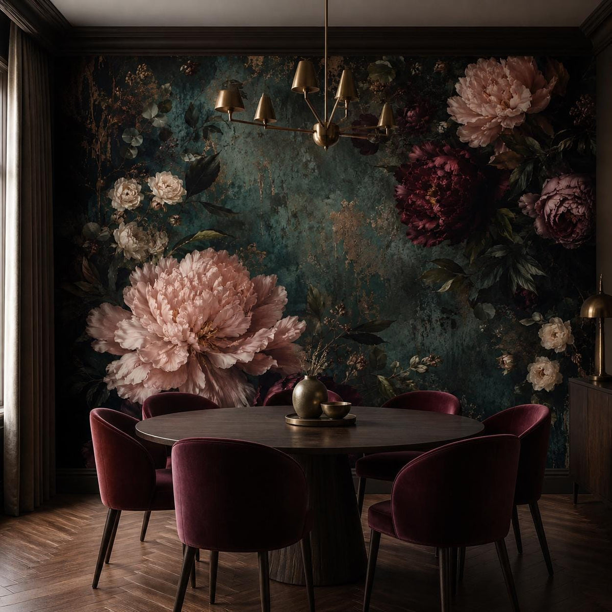 Peel and stick dark botanical wallpaper installed in a dramatic maximalist living room accent wall