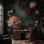 Vintage botanical wall mural with oversized peonies and dark teal leaves in a romantic bedroom setting