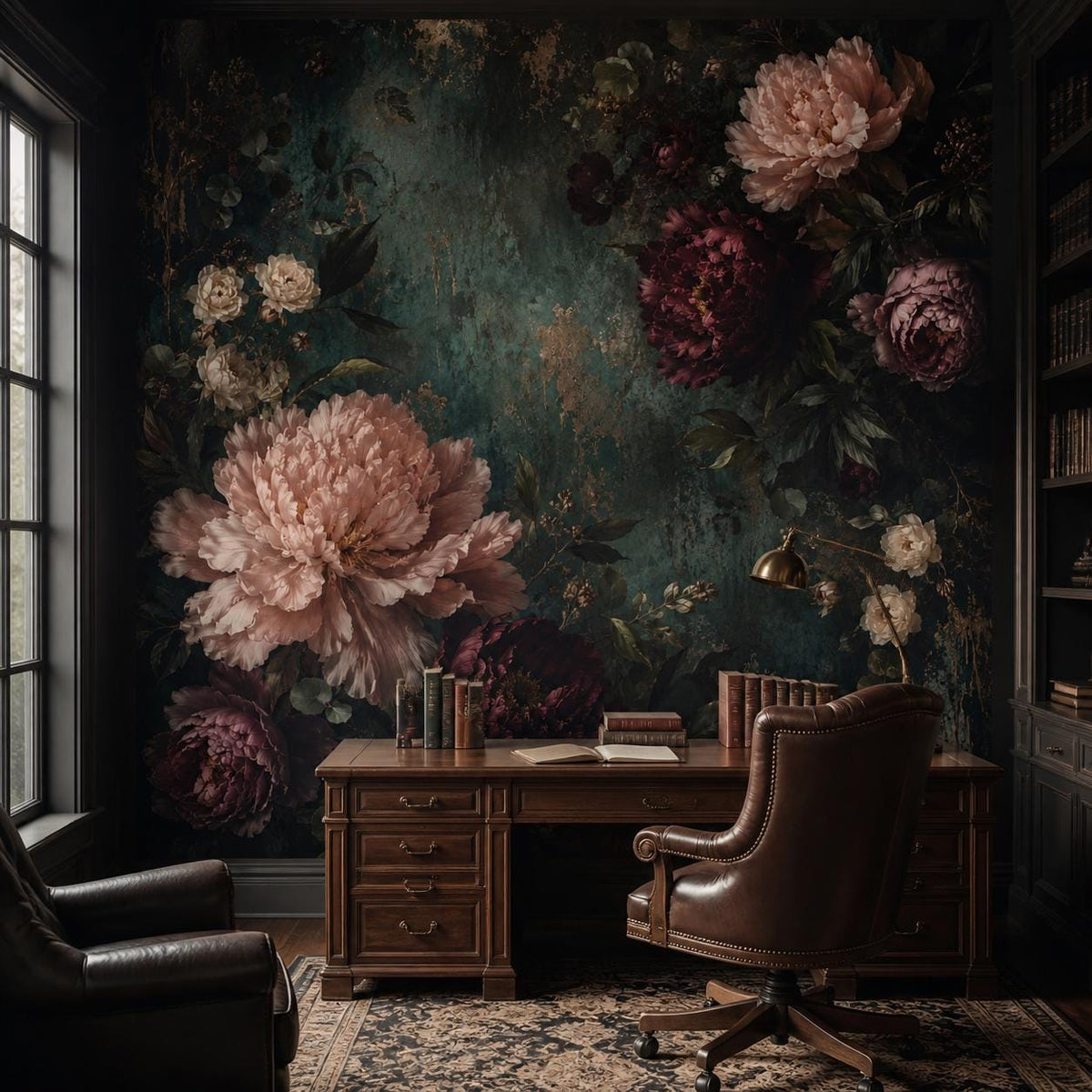 Vintage botanical wall mural with oversized peonies and dark teal leaves in a romantic bedroom setting