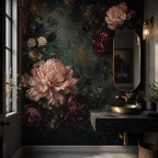 Dark academia wallpaper panel displayed in a moody study with deep burgundy and forest green tones