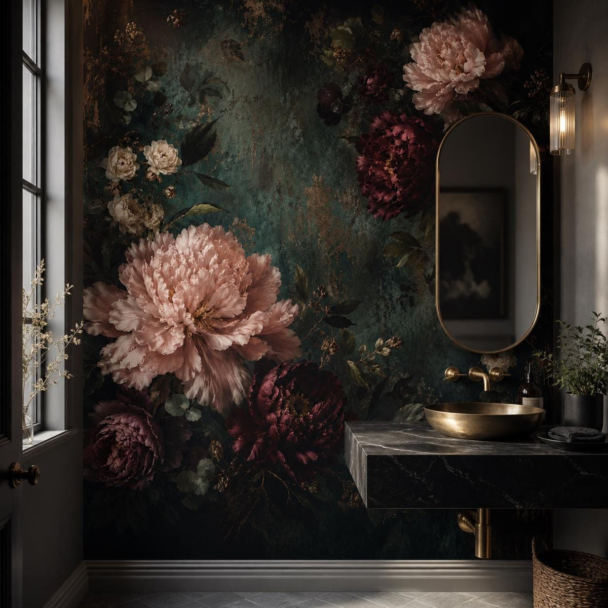 Dark academia wallpaper panel displayed in a moody study with deep burgundy and forest green tones