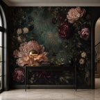 Dark green mural detail shot highlighting delicate botanical stems and dusty burgundy peony blossoms