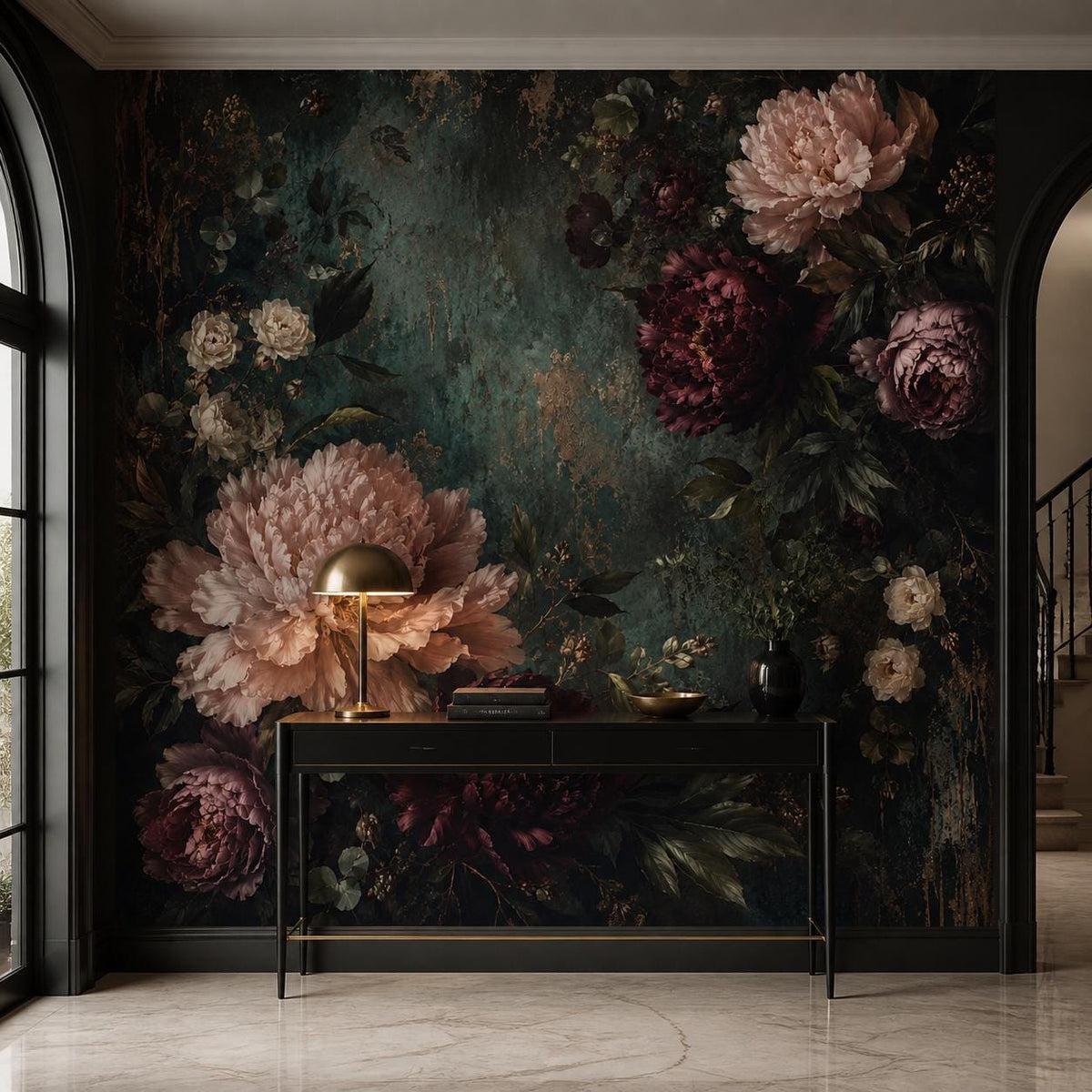 Dark green mural detail shot highlighting delicate botanical stems and dusty burgundy peony blossoms