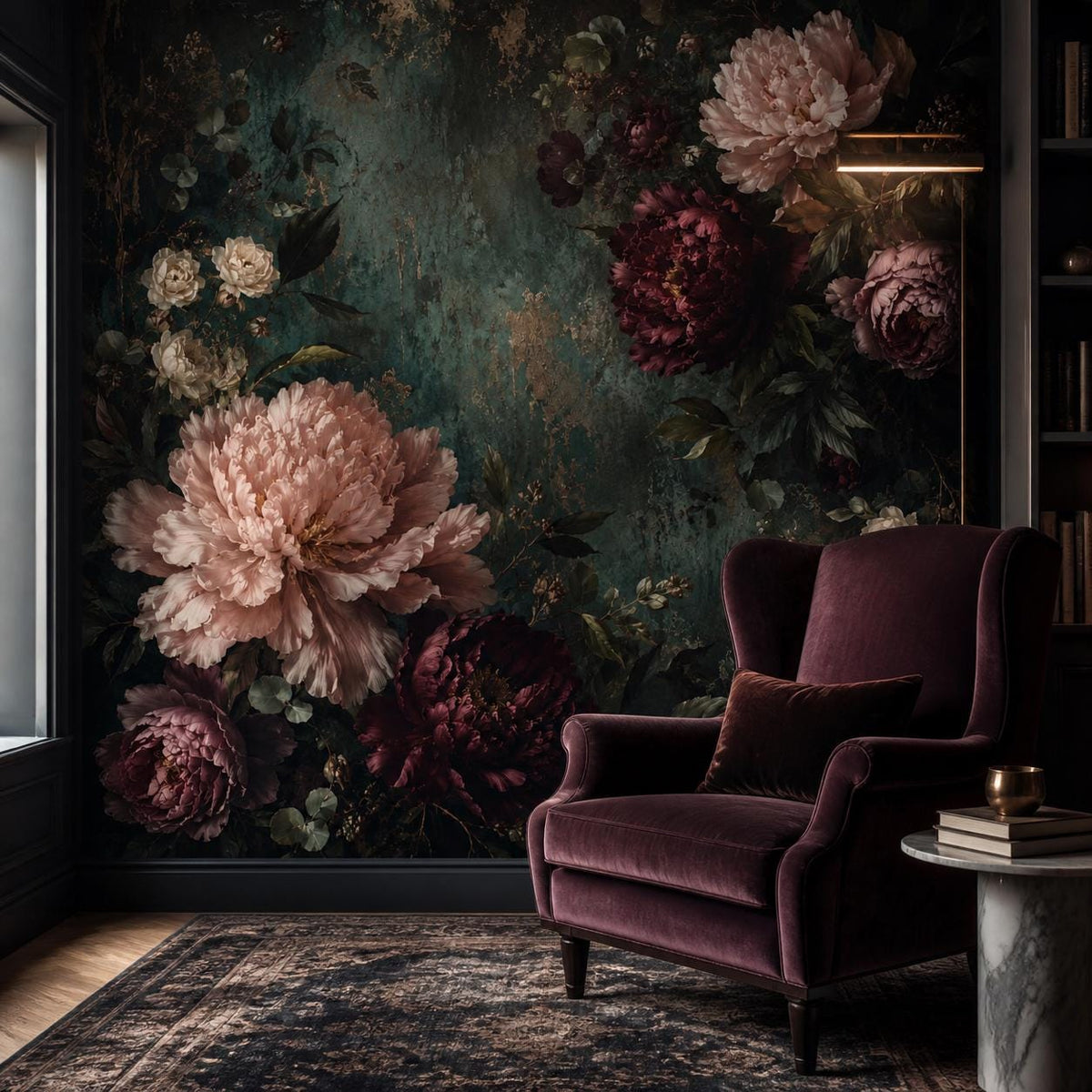 Romantic wallpaper panel shown at full height scale beside a doorway for accurate size reference