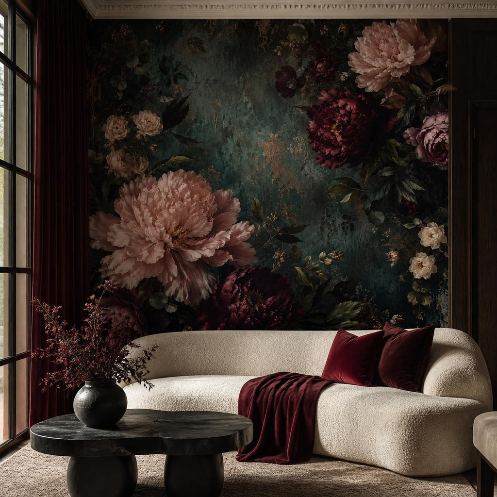 Peel and stick installation diagram for dark floral wallpaper showing alignment and overlap instructions