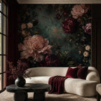 Peel and stick installation diagram for dark floral wallpaper showing alignment and overlap instructions