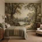 Peel and stick scenic wallpaper showing a romantic lake surrounded by lush garden greenery and rolling countryside