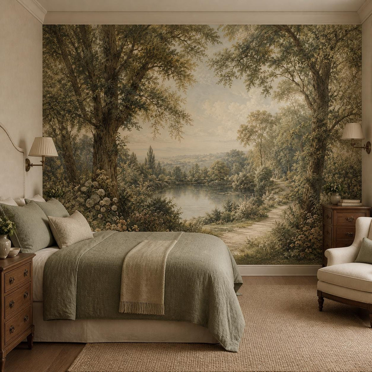 Peel and stick scenic wallpaper showing a romantic lake surrounded by lush garden greenery and rolling countryside