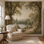 Bedroom accent wall featuring pastoral landscape wallpaper with a tranquil garden lake and soft nature colors