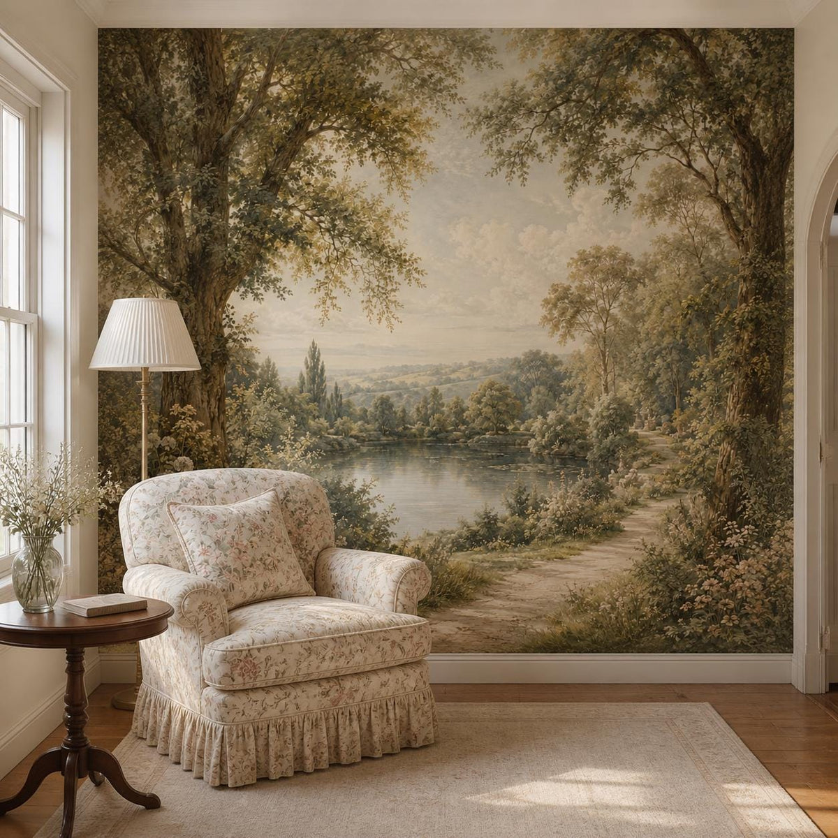 Bedroom accent wall featuring pastoral landscape wallpaper with a tranquil garden lake and soft nature colors