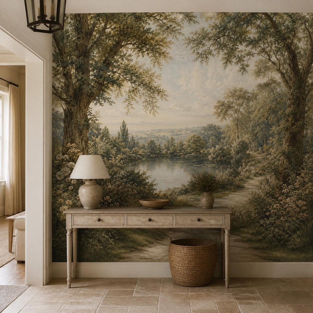 Dining room with scenic wallpaper mural depicting an English country garden lake and romantic landscape scenery