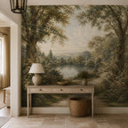 Dining room with scenic wallpaper mural depicting an English country garden lake and romantic landscape scenery
