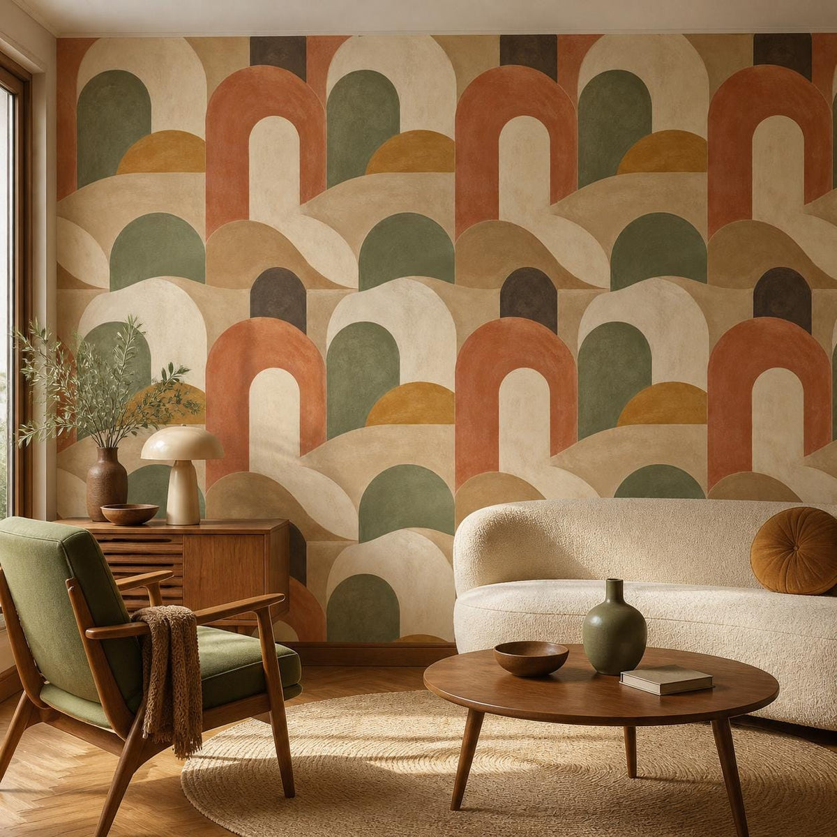 Entryway styled with retro arch wallpaper in terracotta sage tones for a mid century modern look