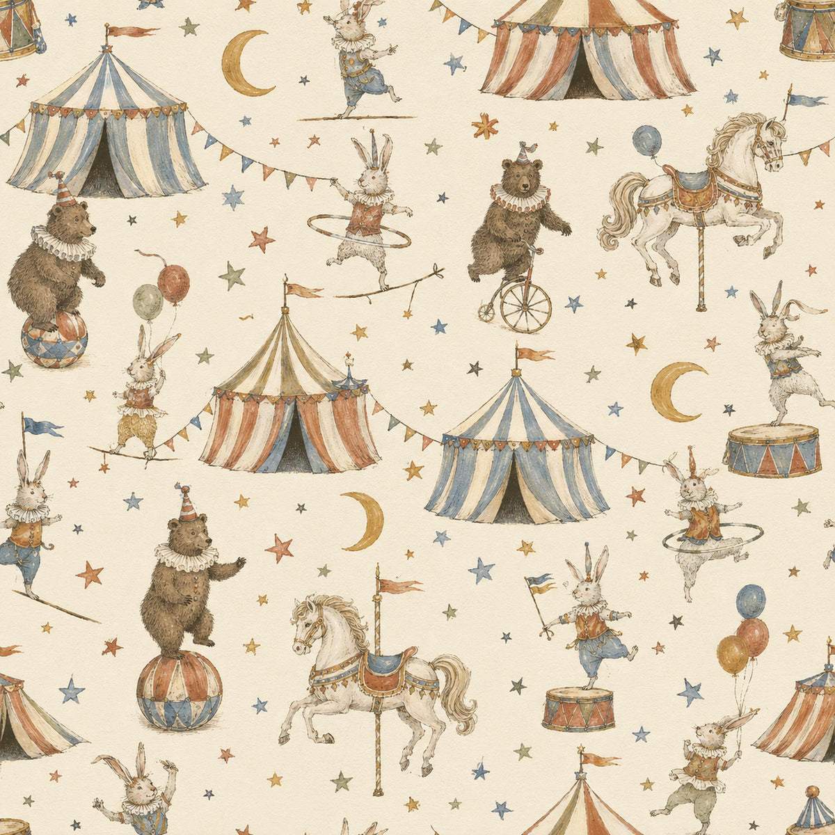 Vintage circus nursery wallpaper flat view of the circus tents, bears, bunnies and carousel horse design