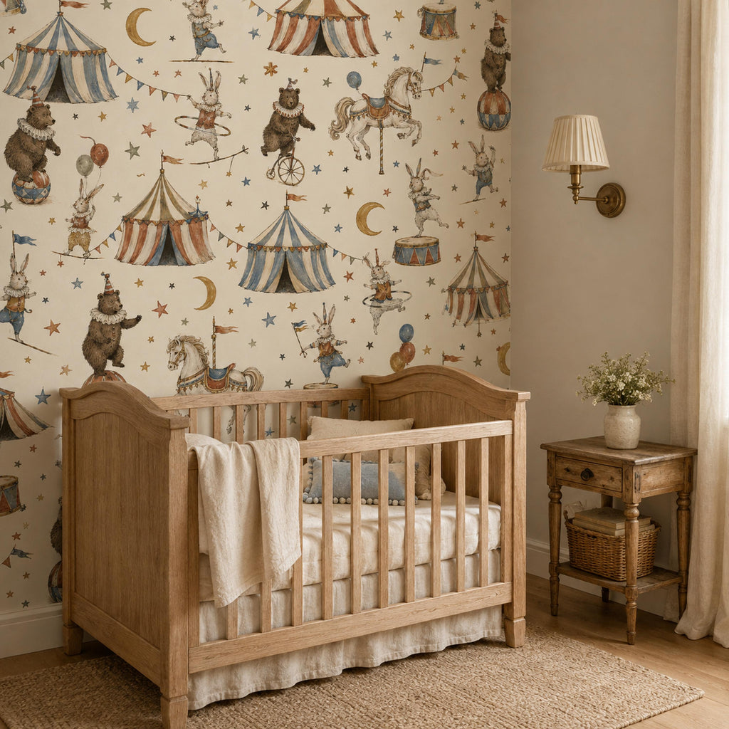 Vintage circus nursery wallpaper behind a wooden crib with a bedside table and wall sconce