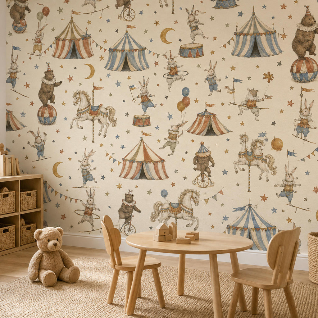 Vintage circus nursery wallpaper in a playroom with a small wooden table, chairs and teddy bear