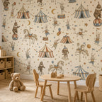 Vintage circus nursery wallpaper in a playroom with a small wooden table, chairs and teddy bear