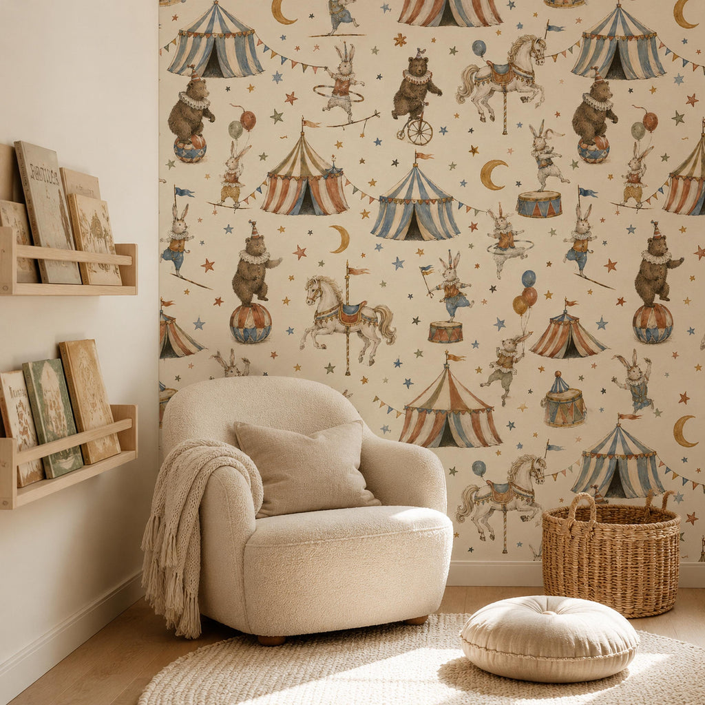 Vintage circus nursery wallpaper in a reading corner with a cream armchair and wall book ledges