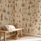 Vintage circus nursery wallpaper in a corner with a wooden bench, folded blanket and toy horse