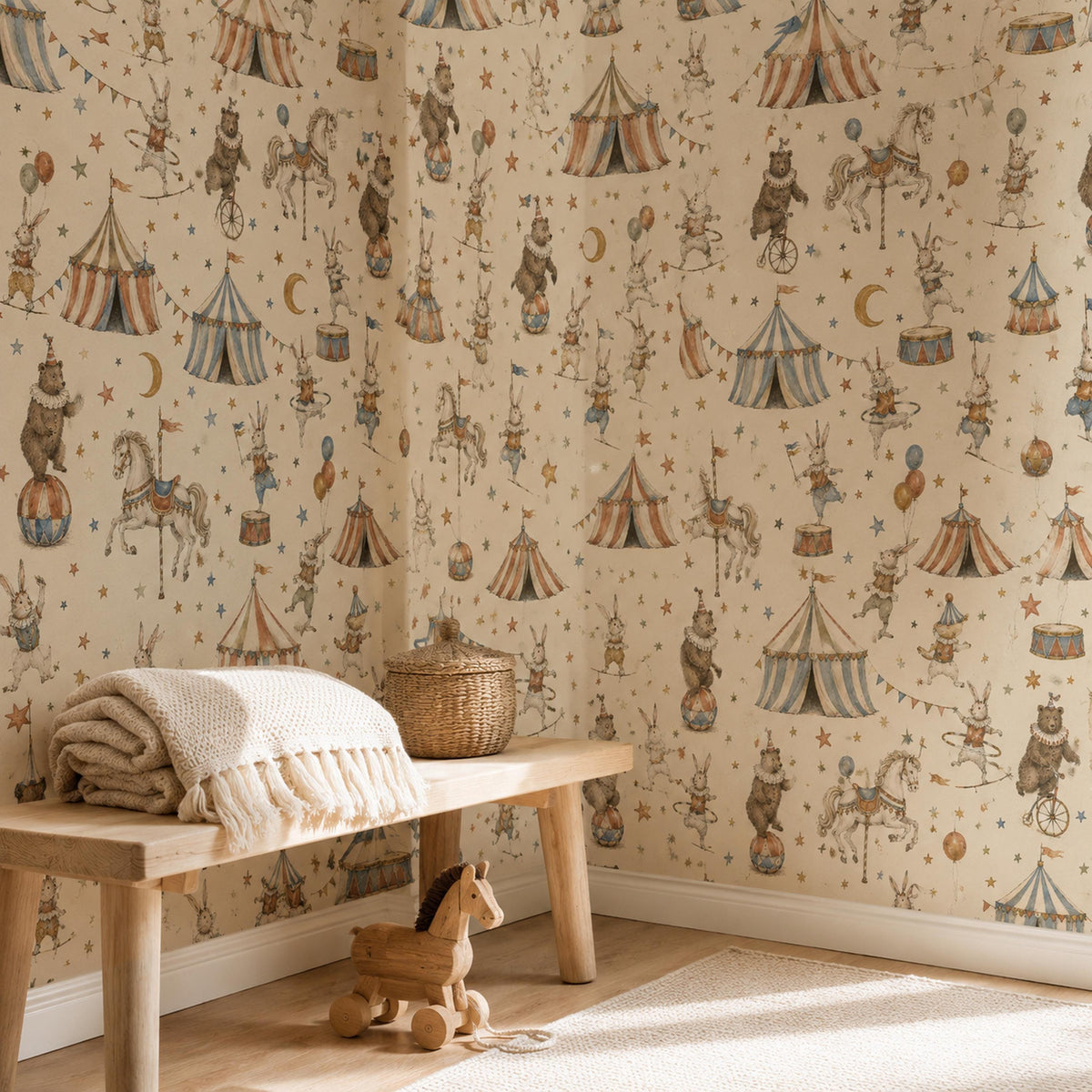 Vintage circus nursery wallpaper in a corner with a wooden bench, folded blanket and toy horse