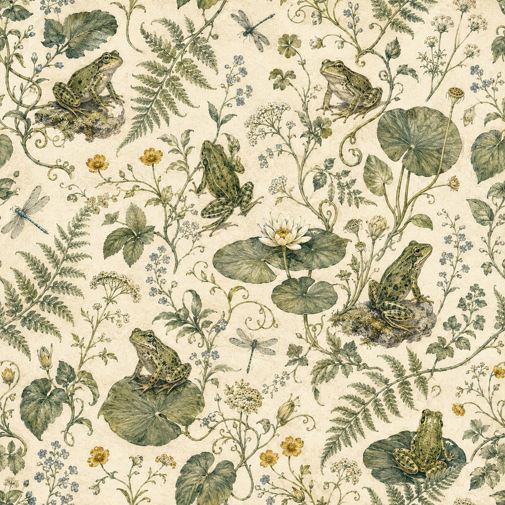 Sage frog botanical wallpaper flat view of the frog, lily pad, fern and wildflower design