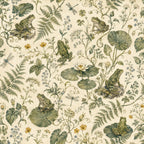 Sage frog botanical wallpaper flat view of the frog, lily pad, fern and wildflower design