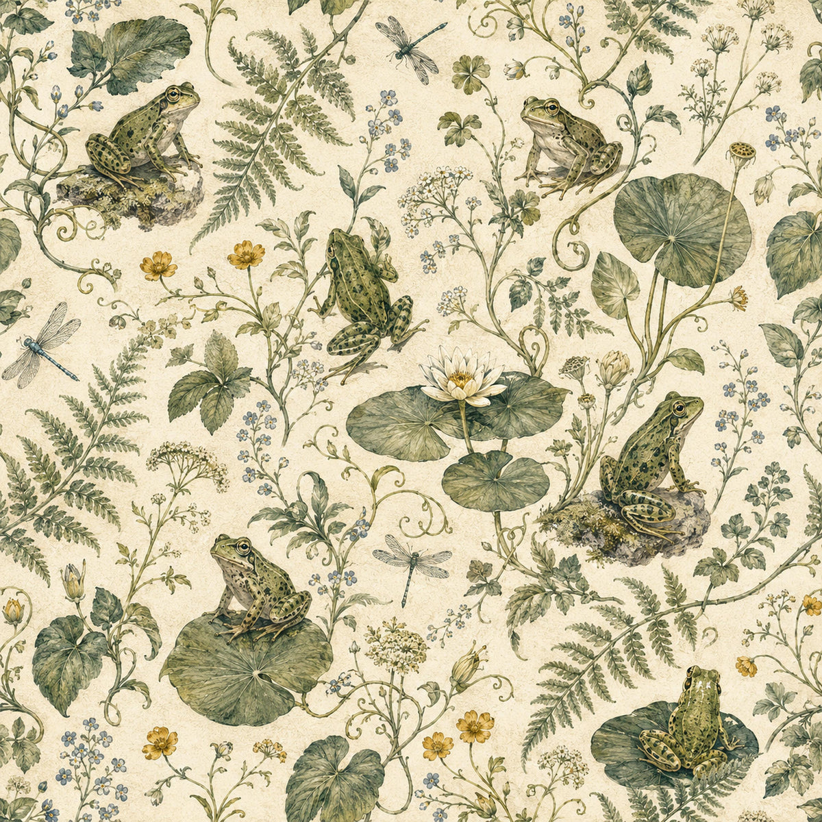 Sage frog botanical wallpaper flat view of the frog, lily pad, fern and wildflower design
