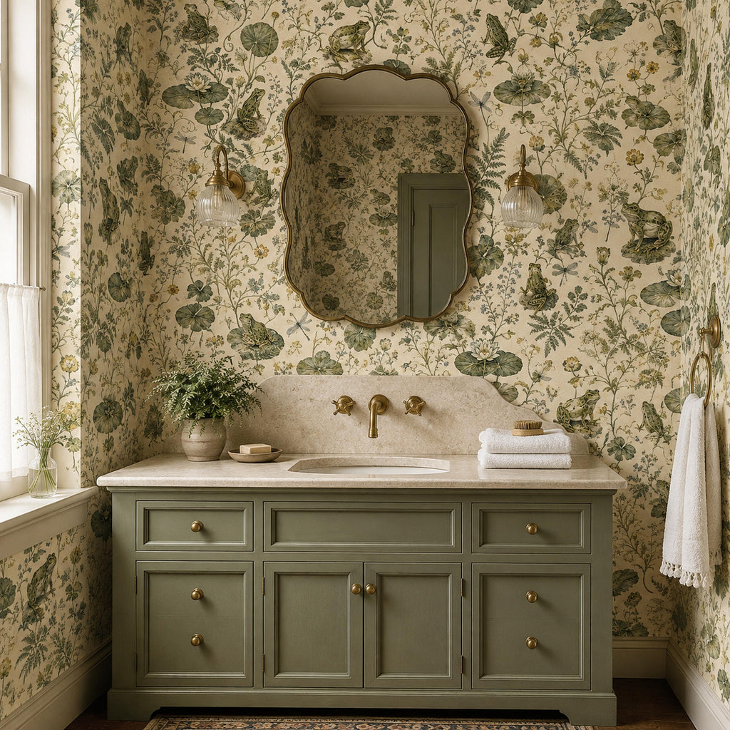 Sage frog botanical wallpaper in a bathroom with a sage green vanity and scalloped mirror