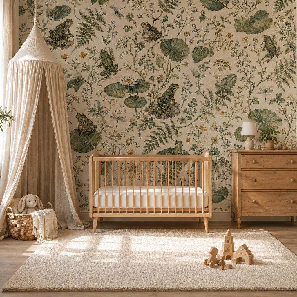 Sage frog botanical wallpaper in a nursery with a wooden crib, canopy and wooden dresser